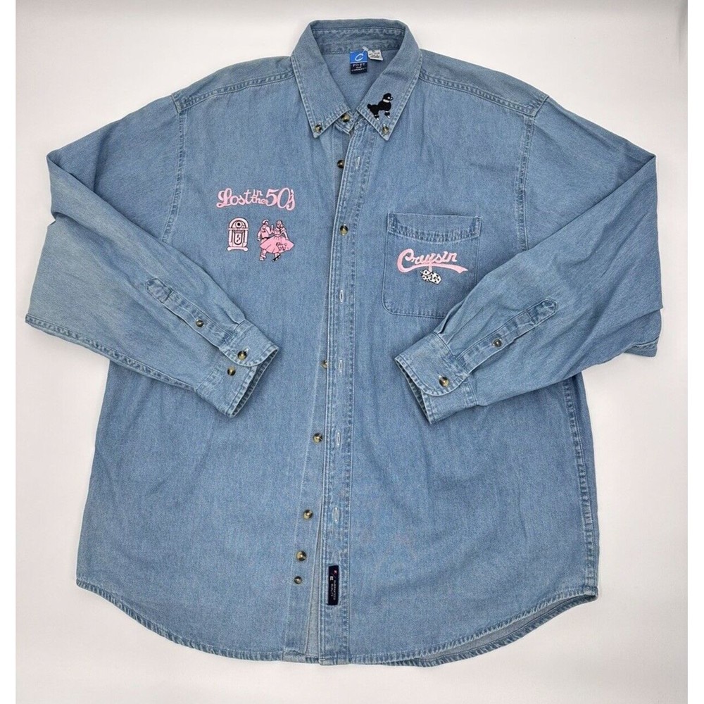Port and Company Mens M Denim Long Sleeve Shirt Train Graphic Lost in the 50s